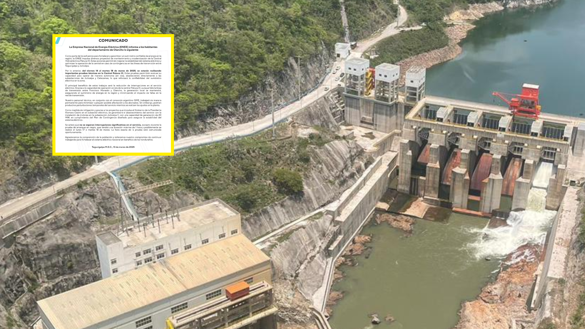 La ENEE informa sobre mantenimiento y modernización en la central hidroeléctrica Patuca III y alerta a los habitantes de la zona