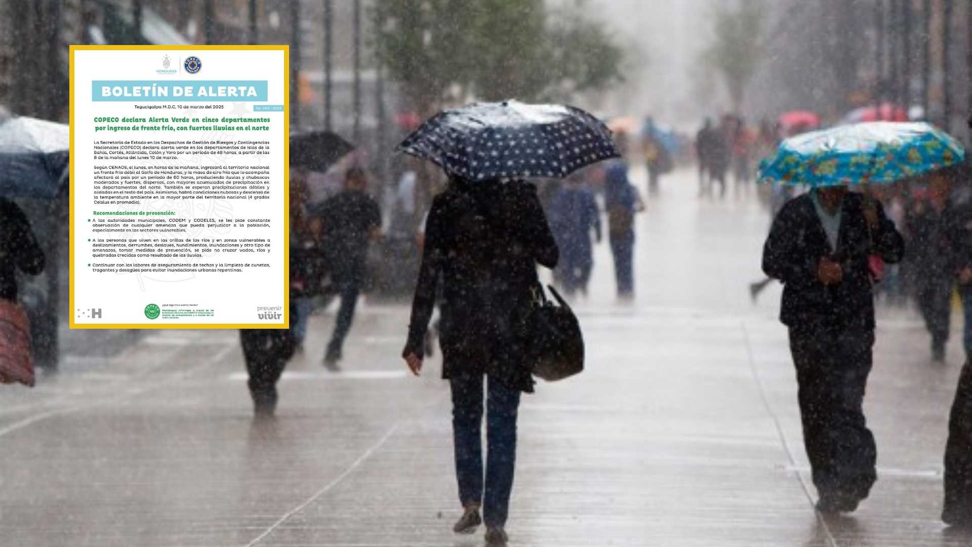 COPECO emite alerta verde por ingreso de frente frío y lluvias en el norte del país